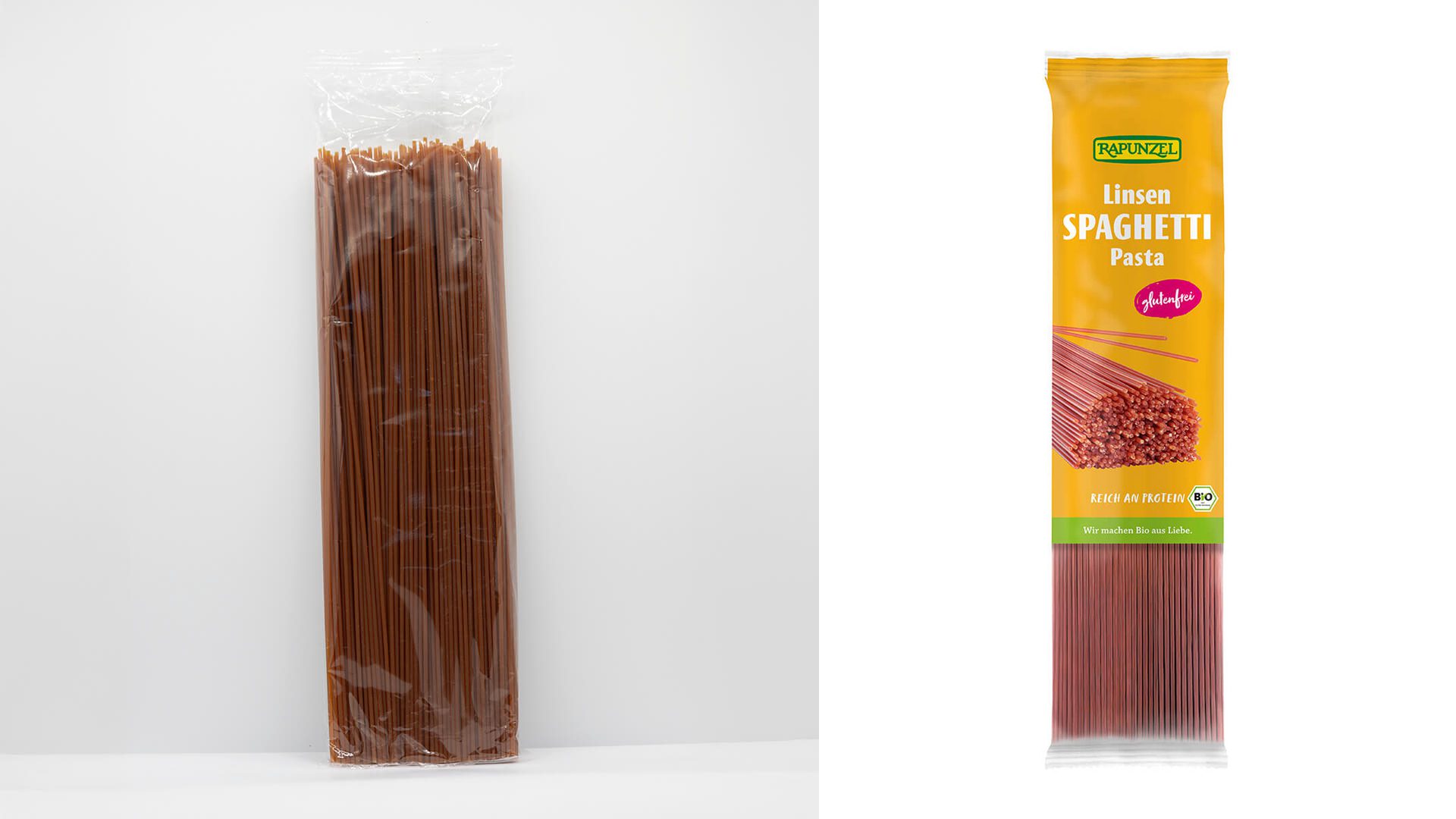 HueFruePasta_Gelbe-Linsen-Spaghetti_250g_Vorher-Nachher Nachhaltigkeitsbericht gestalten lassen - Rapunzel Naturkost